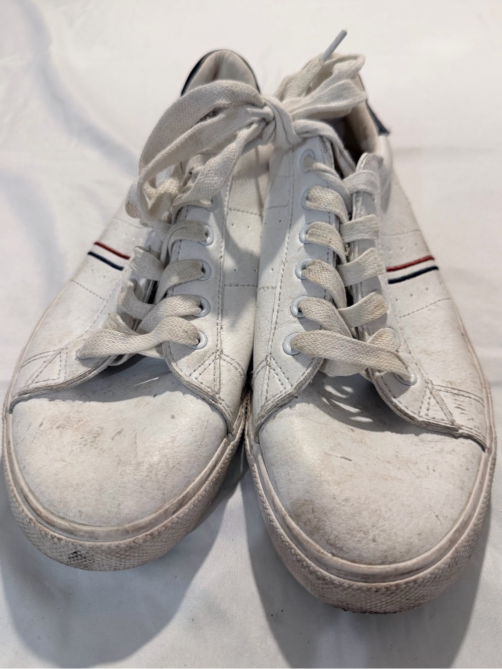 Men's White Low-Top Sneakers with Red & Navy Stripe